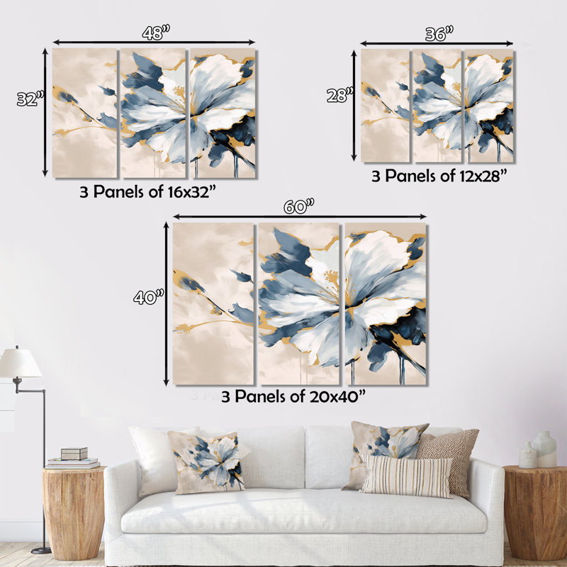 «Blue Hibiscus Tropical Harmony Flowers II» sur toile, ensemble de 3 pièces, H 28 po x l 36 po x P 1 po
