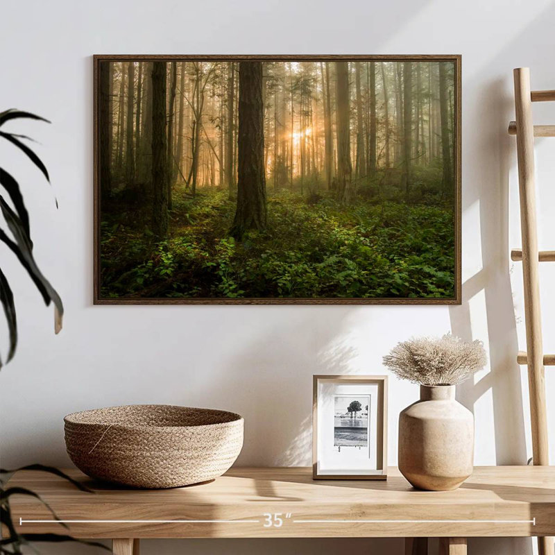 Lever de soleil sur la forêt de l'île Lummi, 25 po x 17 po, Cadre flottant noyer