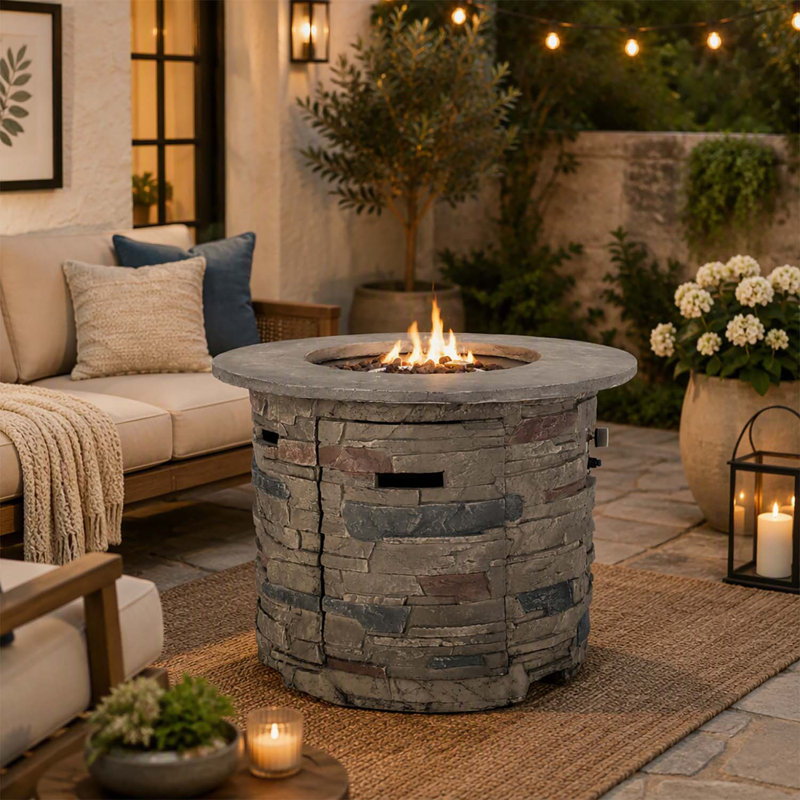 Foyer extérieur rond au propane MgO de 32 pouces, dessus gris - 40 000 BTU, durable et élégant pour les réunions sur la terrasse