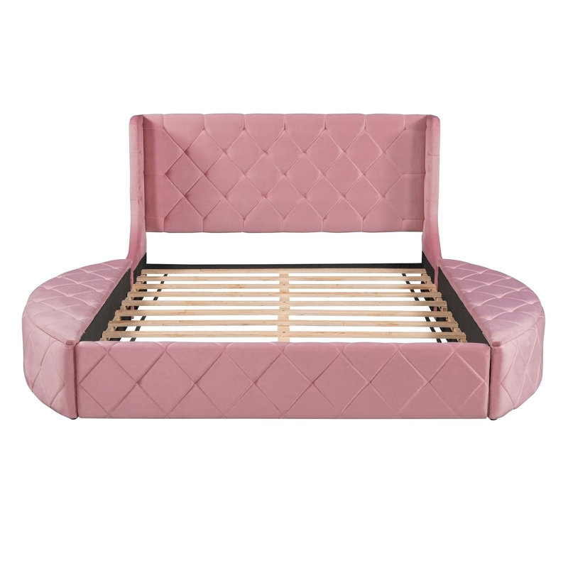 Upholstered Platform Bed Storage Velvet Bed with Wingback Headboard and 1 Big Drawer,2 Side Storage Stool, Pink