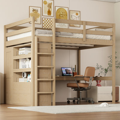Lit mezzanine double en bois avec garde-robe intégrée, bureau, tablettes de rangement et tiroirs