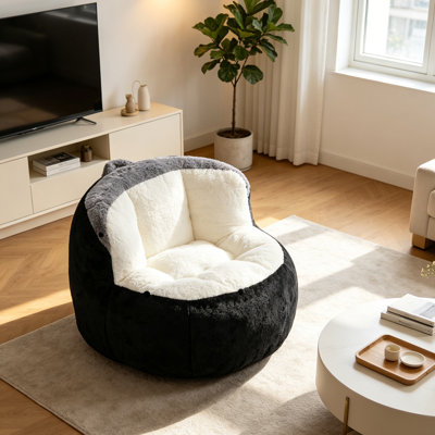 Pouf géant de 110 cm en fausse fourrure, garni de mousse déchiquetée, grand canapé-lit, sans montage, idéal pour le salon ou la chambre, noir, blanc et gris.