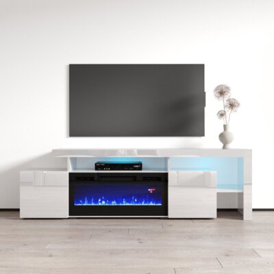 TV Stand for TVs up to 85"" with Electric Fireplace Included -  Meble Furniture, INFERNO-BLEF-WHITE