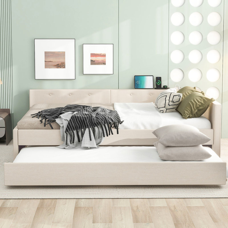 Grand lit avec lit gigogne simple beige et cadre décoratif pour chambre à coucher, Grand lit