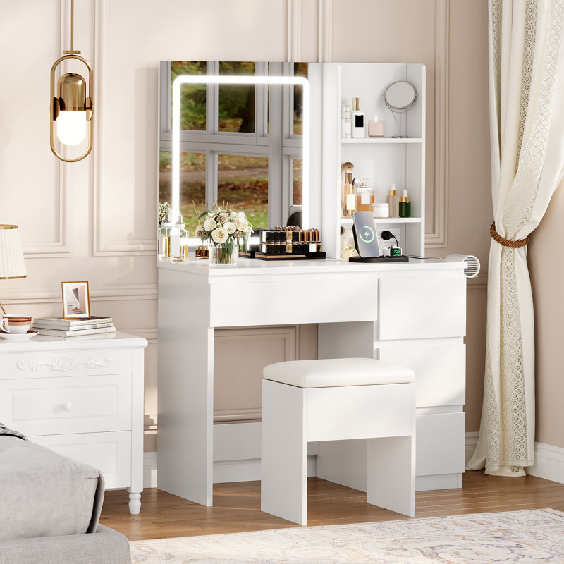 Makeup Vanity Desk, Lighted Mirror, 4 Drawers, Power Outlet, Stool, Shelves, Bedroom, White, White
