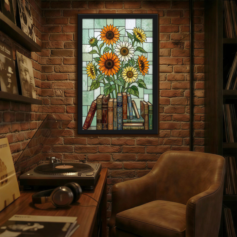 Plantes et fleurs, livres, tournesols, motif de vitrail, reproduction d'art, H 36 po x l 24 po