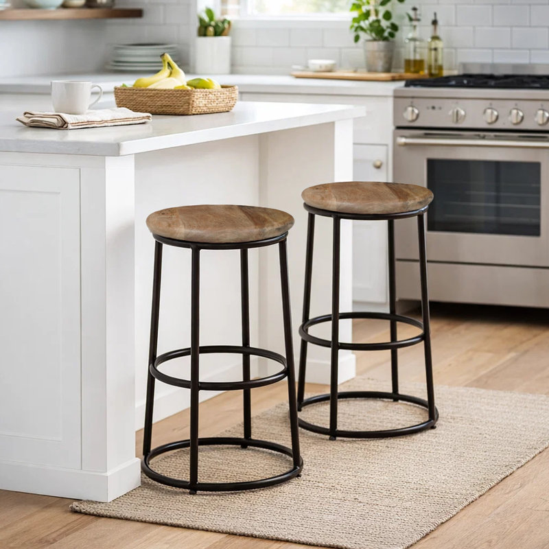 24 Inch Mango Wood Counter Height Barstool With Iron Base, Brown And Black