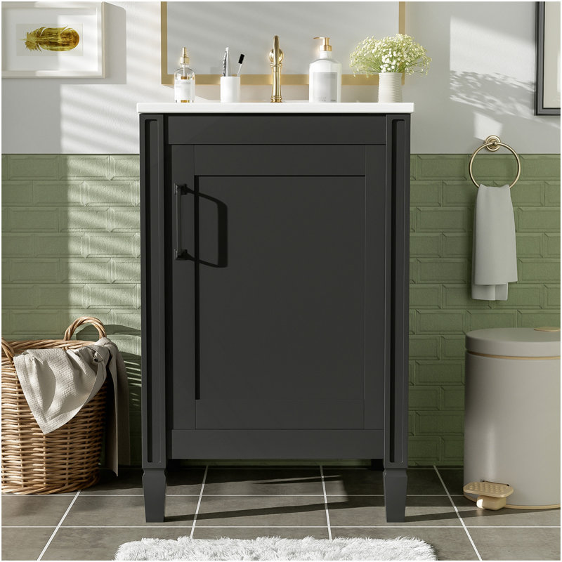 Meuble-lavabo noir de 20 po avec lavabo en céramique, porte à fermeture en douceur, tablette réglable en forme de U, support de rangement pour porte, armoire autoportante moderne pour les petites salles de bain