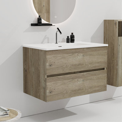 Meuble-lavabo mural 30 po en chêne brut et chêne brut avec lavabo intégré en céramique avec trop-plein