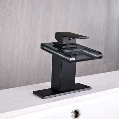 LED Waterfall Bathroom Faucet, Single-Handle Vanity Faucet with Glass Spout, Metal Pop-Up Drain, and Water Supply Lines for Single-Hole Sinks