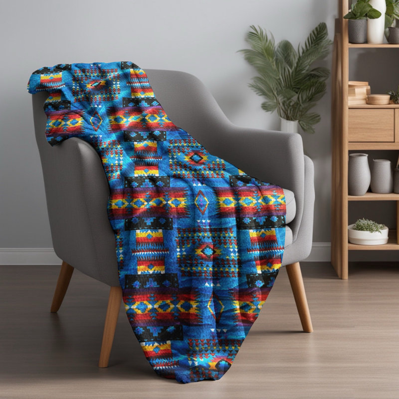 Blue Southwestern Queen Sherpa Fleece Reversible Throw Blanket