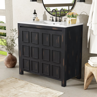 36-Inch Retro Bathroom Vanity , Solid Wood Construction, Ceramic Sink, Soft Close Hinges, Concealed Handles, Easy Assembly Vanity, And Material, Doors, To Install