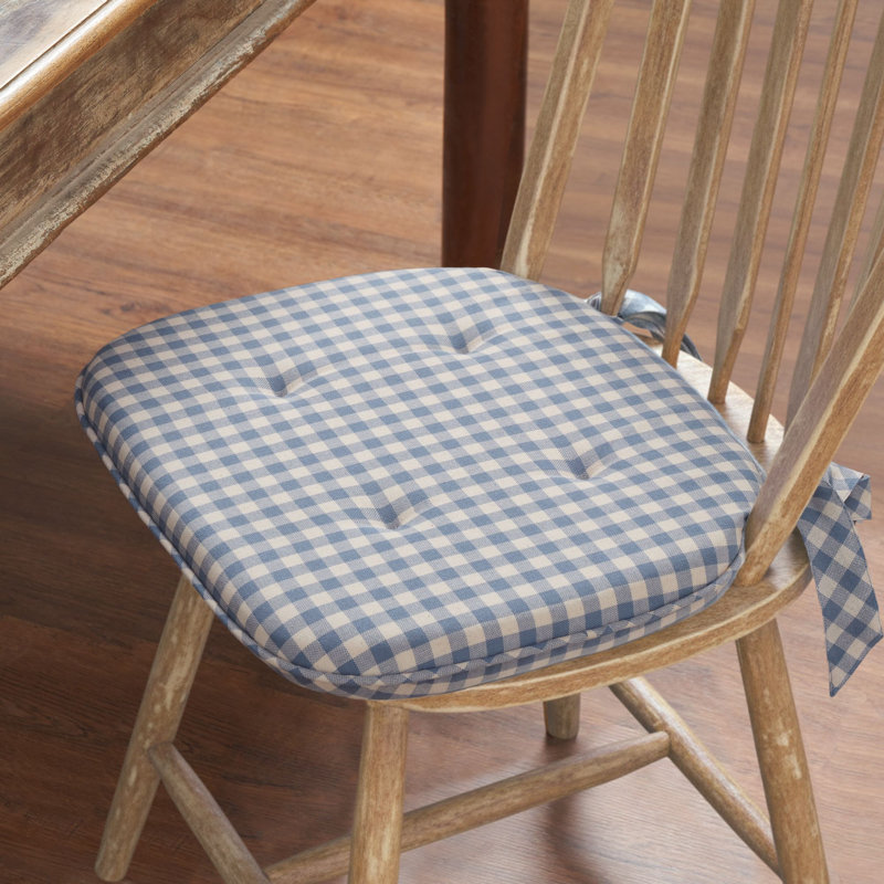 Cottage Blue Checked Woven Chair Pad with Ties - 15.5x17 Farmhouse Cottage Seat Cushion, Blue/Cream Checkered