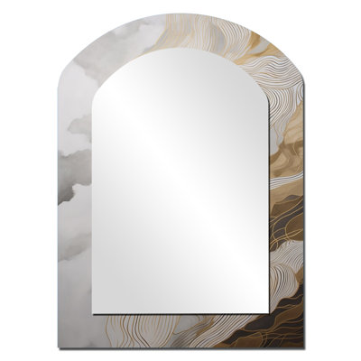 Gold And Grey Abstracted Line Artistry III - Line Art Asymmetrical Large Mirror, Modern Arch Decorative Wall Mirror, Printed Metal Art