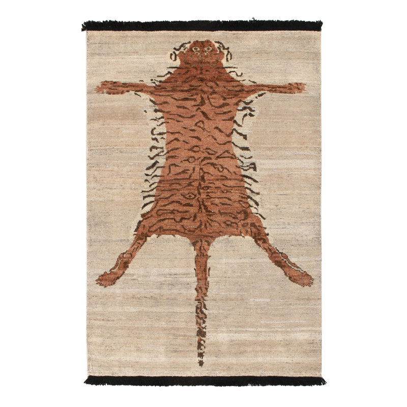Classic Contemporary Tiger Rug In Beige-Brown, Orange, Rectangle 9' x 12'