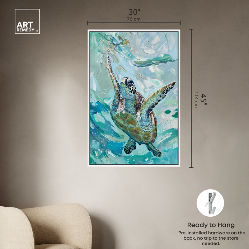 "Art Remedy Serene Turtle", art mural sur toile 1 pièce, H 46 po x l 31 po, Cadre blanc