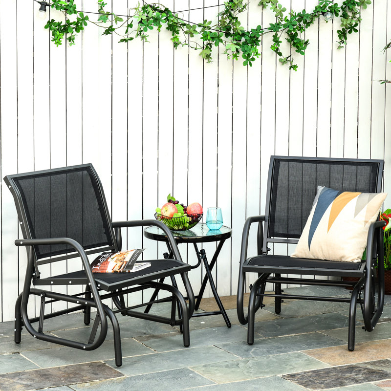 Black Metal Porch Glider Chairs With Breathable Mat Seat - Enjoy Outdoors Ease: Garden, Poolside, Backyard, Balcony Frame Swing Fabric Lining Relax And Unwind In Your Outdoor: