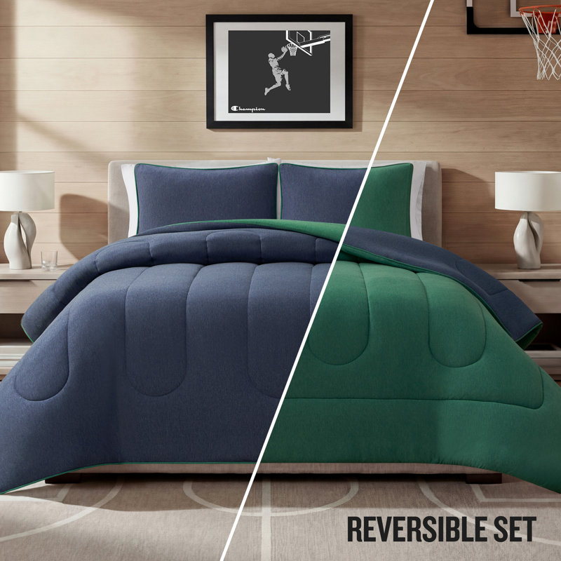 Champion Premium Reversible Solid Jersey Comforter Sets, Navy Blue / Green, King