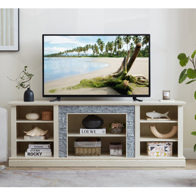 Grand support de rangement pour bureau de télévision avec bordure en faux pierre, console média avec rangement spacieux et gestion des câbles