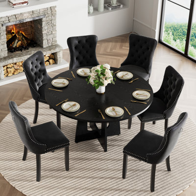 47" Round Wooden Dining Table Set for 4-6, Modern Velvet Upholstered Chairs with Rivet Details, Kitchen & Dining Room Furniture Set, Splicing Tabletop, Safe Corner