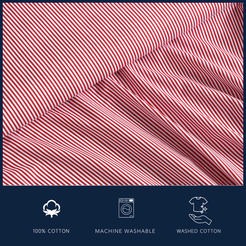 Full Size Red and White Cotton Percale Stripe Sheet Set
