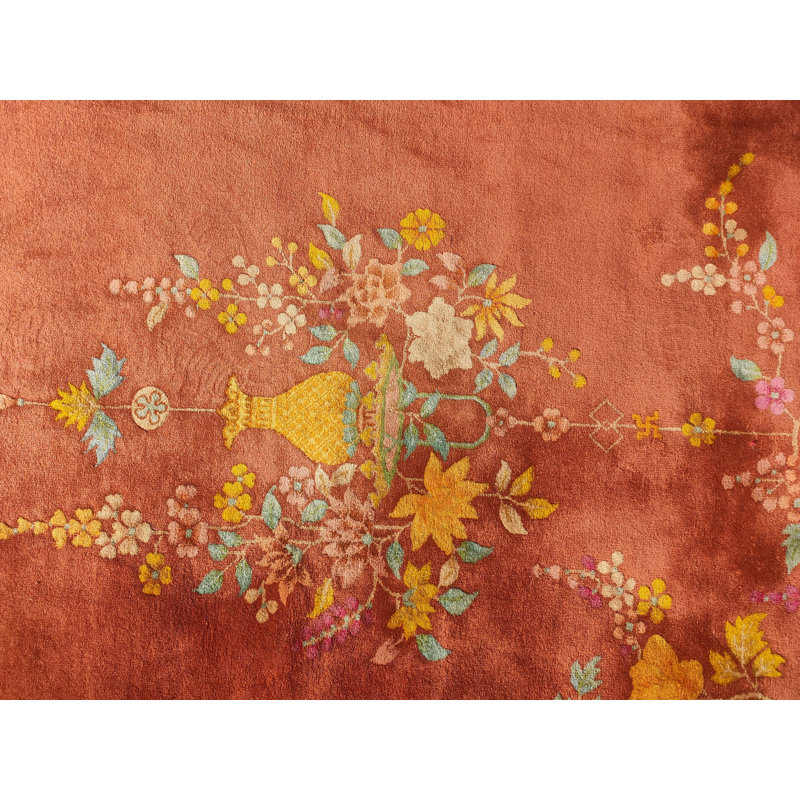 Tapis rectangulaire corail en laine noué à la main Art déco des années 1920