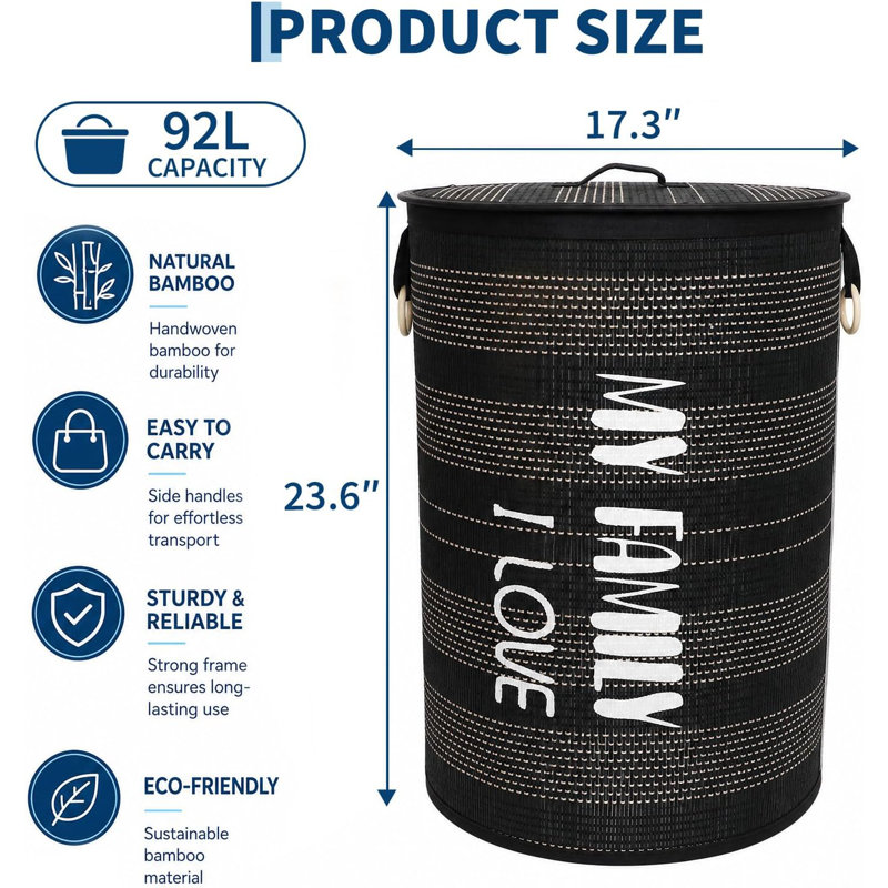 Bamboo Laundry Hamper, Black, Black-bamboo