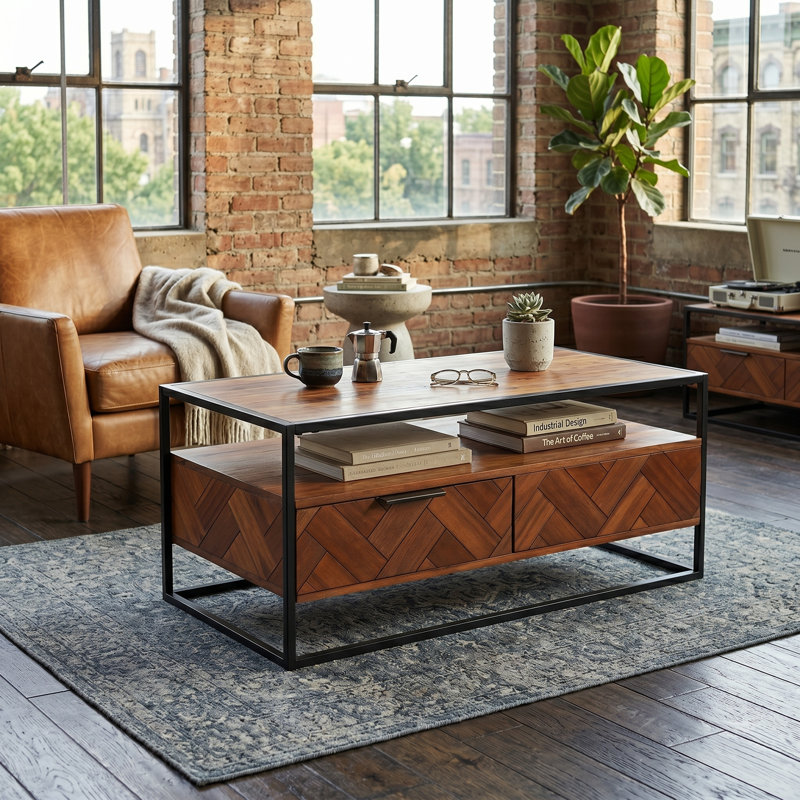 Hadaway Solid Acacia Wood Coffee Table with Storage - Dual-Sided Drawers Industrial Center Table - Herringbone Modern Farmhouse