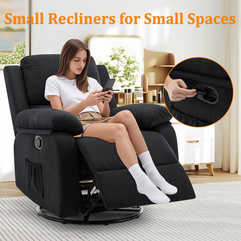 KORSER Recliner Chair, Manual Recliner, 360 Swivel Recliners For Small Spaces ,Rocker Recliner With Side Pockets, Black