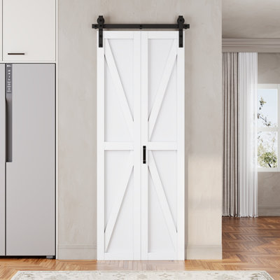 32"W x 84"H Closet Bi-Fold Barn Door White K-Shaped Solid Core Pre-Assembled With Installation Hardware Kit