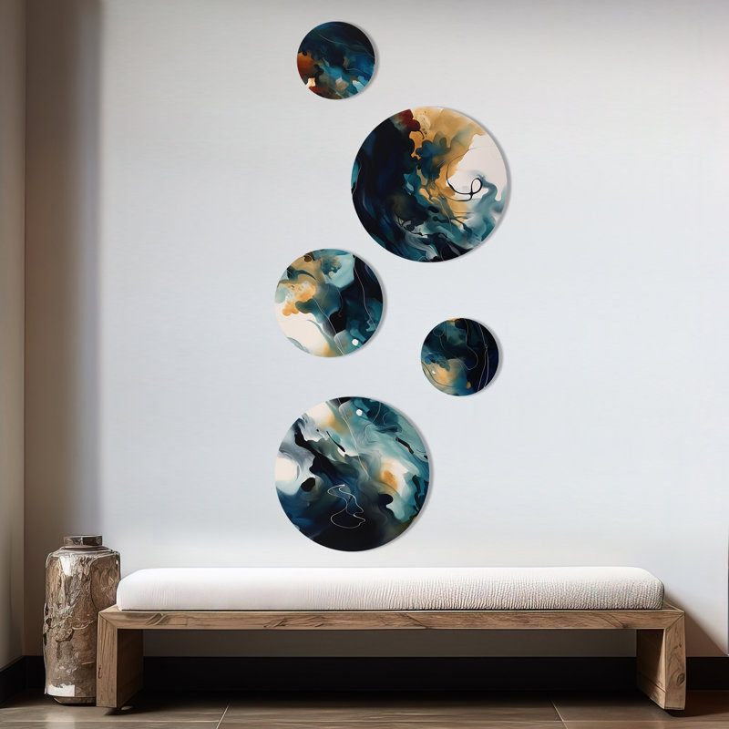 Ensemble de 5 décorations murales en marbre bleu et blanc à encre liquide I