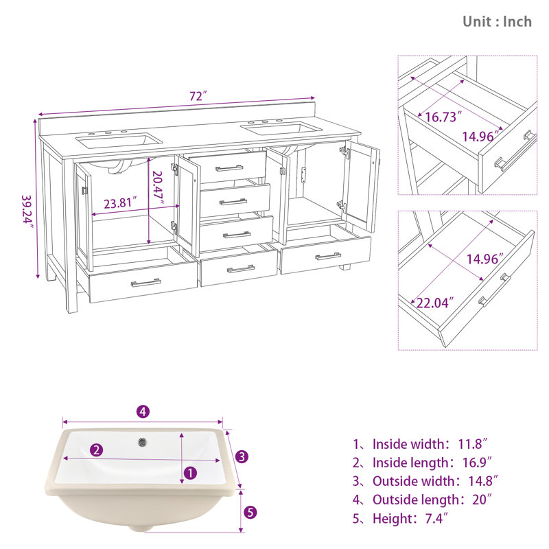 Meuble-lavabo autoportant de 72 pouces avec comptoir en marbre Dounle, Bleu / doré brossé