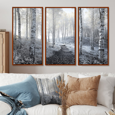 Bouleaux blancs dans la forêt d'hiver, Panorama III, ensemble de salon d'art mural paysage d'hiver