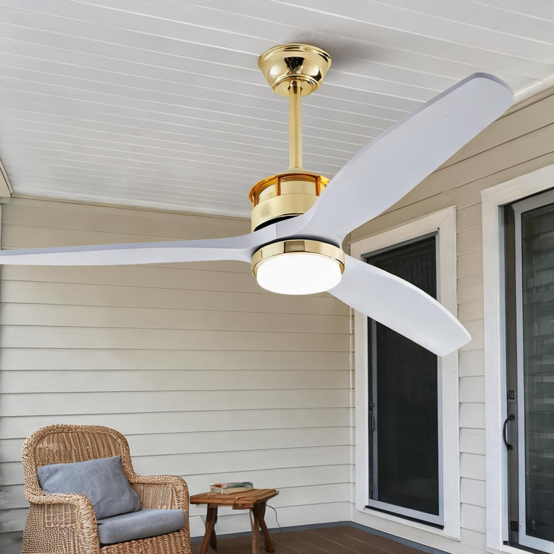 Ventilateur de plafond classique en bois massif blanc avec accents dorés, lumière DEL à intensité variable de 52 pouces, télécommandée pour les chambres et les salons
