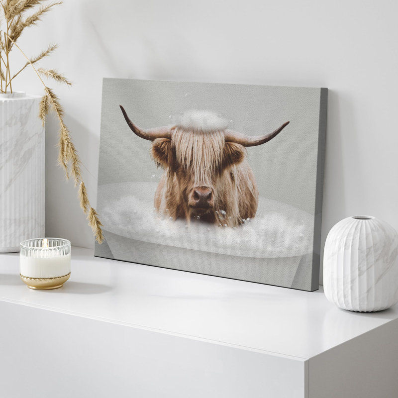 Vache «Drôle de salle de bain», «Shetland Cow», impression sur toile encadrée, Toile tendue, H 32 po x l 48 po, Sans cadre