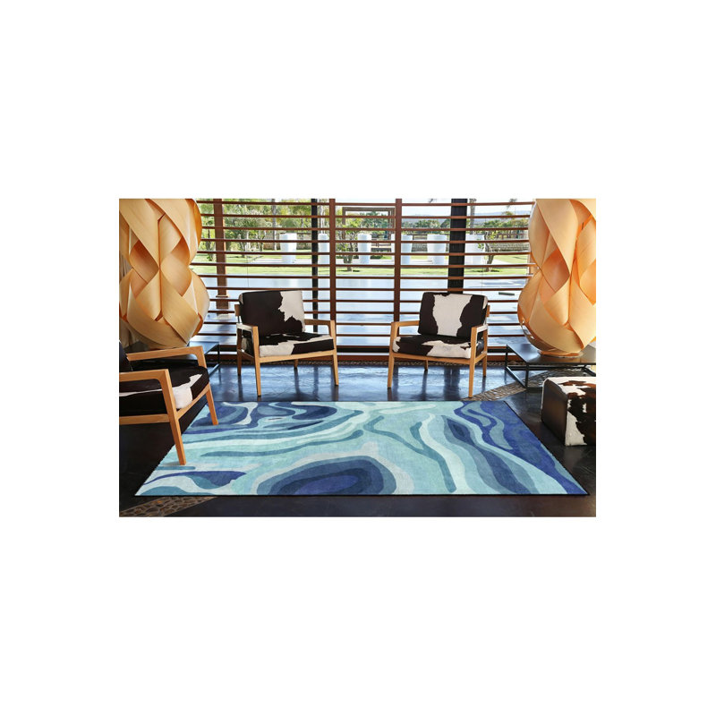 Tapis décoratif bleu à motifs lavables à la machine, Carré 4 pi 11 po