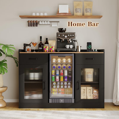 Meuble-bar à vin avec mini-frigo et porte-verres, coin café avec prise électrique et tiroir de rangement pour salon