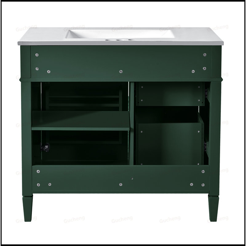 Meuble-lavabo à poignée dorée 36 po avec tiroir basculant et lavabo, Vert