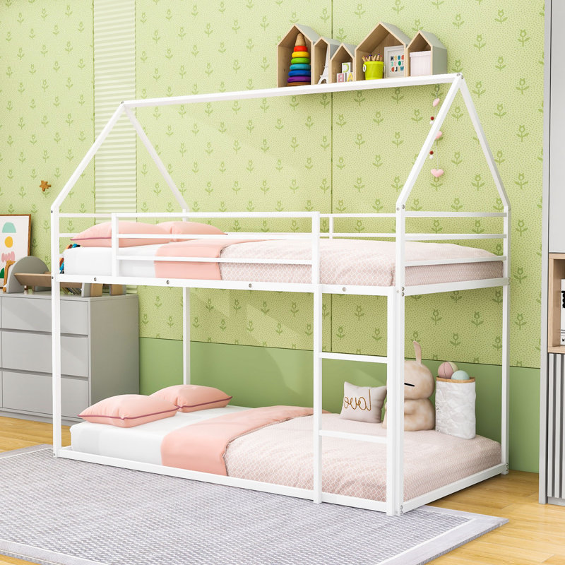 Twin Over Twin House Bunk Bed With Built-In Ladder And Guardrails, White