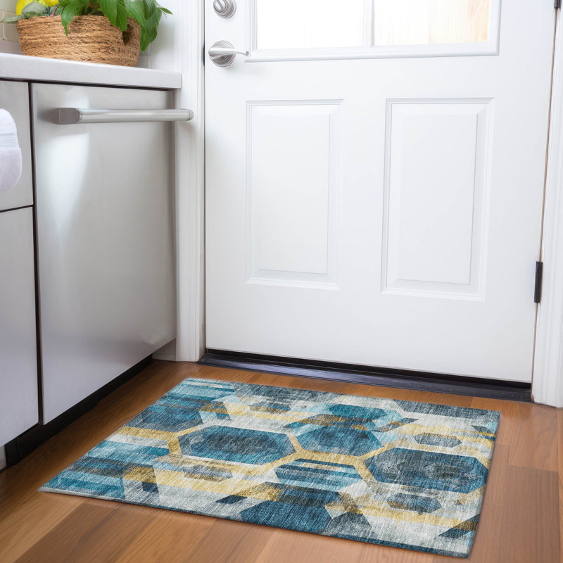 Machine Washable Indoor/Outdoor Cinead ACN1722 Teal Rug, Rectangle 1'8" x 2'6"