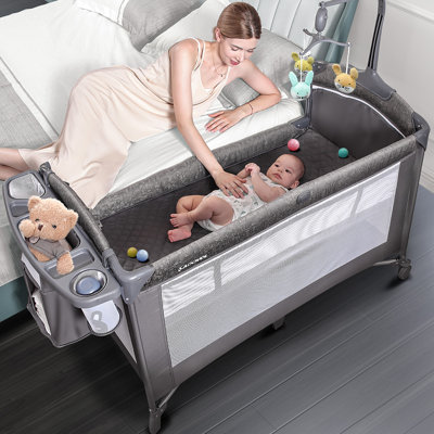 Baby Playard, Pack and Play, Baby Bassinet Bedside Sleeper with Diaper Changer, Travel Bag and Wheels