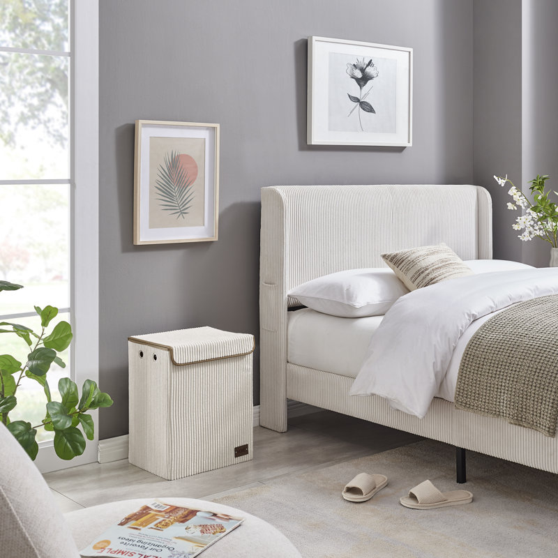 Panier à linge pliable en velours côtelé avec couvercle , Crème, crème