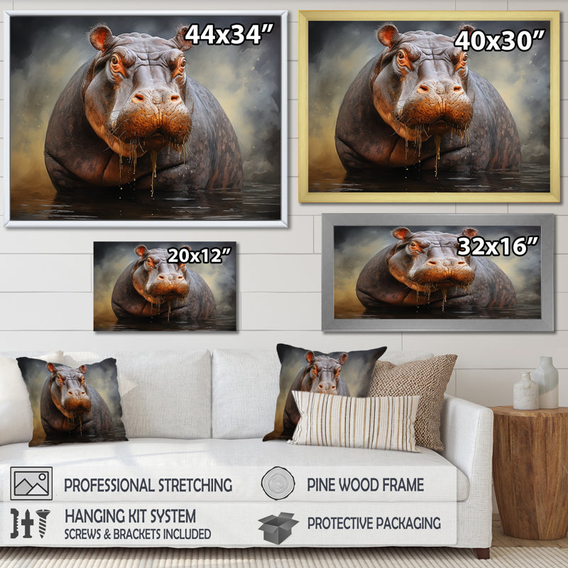 Gris majestueux, élégance hippopotame I - art mural hippopotame, H 16 po x l 32 po x P 1 po, Toile tendue