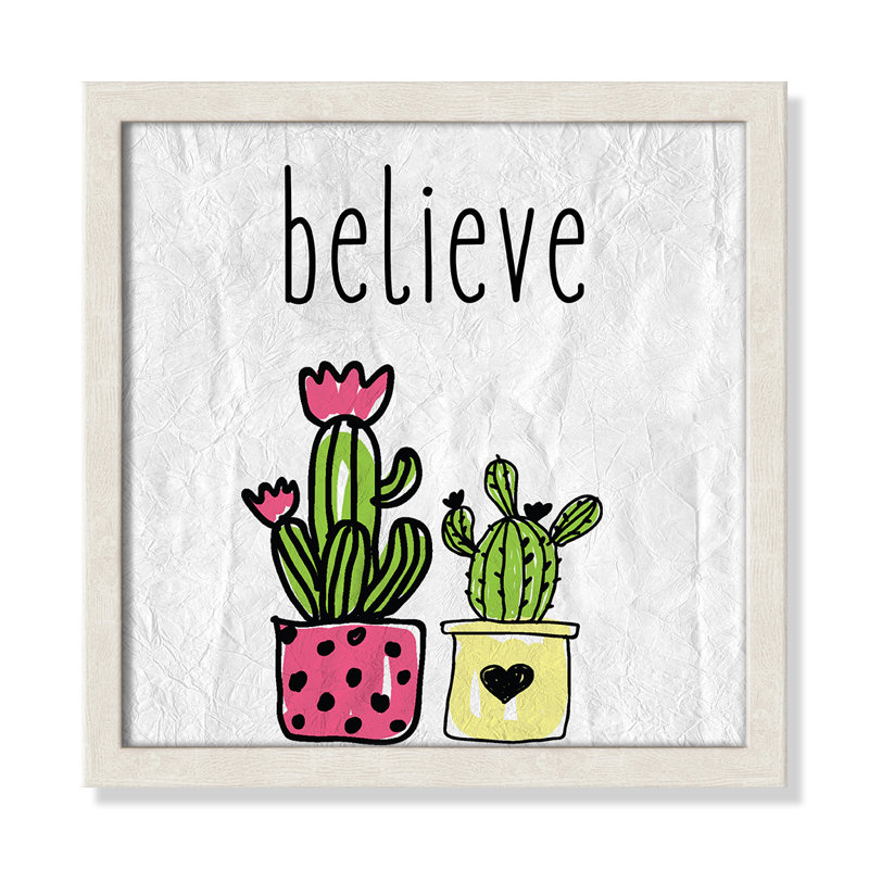 Cactus B, art encadré, 12" H x 12" W x 1.18" D, Encadré de boîte à grain de bois blanc