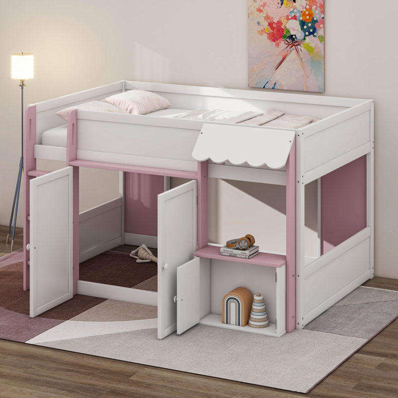 Lit mezzanine double avec maisonnette et rangement, Blanc / rose
