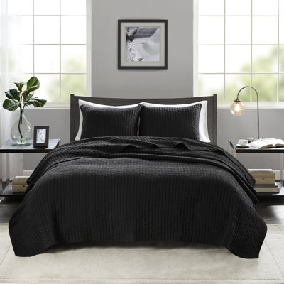 Courtepointe réversible noire pour très grand / très grand lit, 3 pièces, motif corail, microfibre, rembourrage en coton, très grand appel en noir, avec coquille en microfibre, longue durée