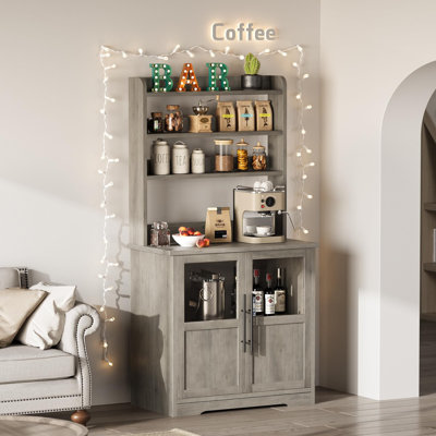 Farmhouse 3-Tier Kitchen Hutch Cabinet with Charging Station & Storage, Microwave Stand Coffee Bar Cabinet
