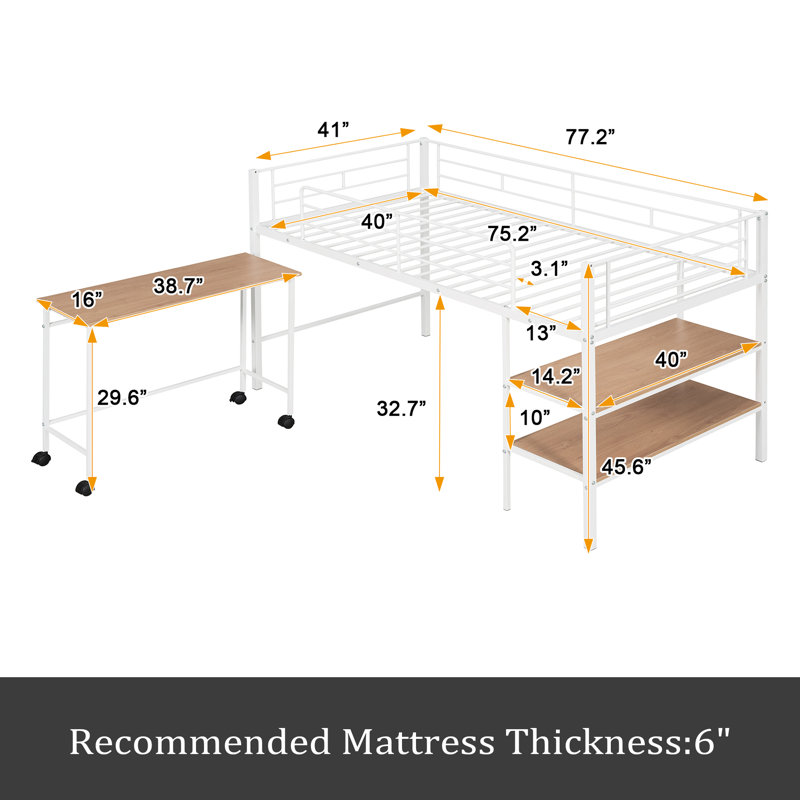 Lit mezzanine simple en métal avec bureau et tablettes, Blanc