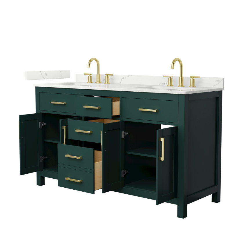 Beckett 60" Freestanding Double Bathroom Vanity with Quartz Top, Brushed Gold, Giotto Quartz, Green