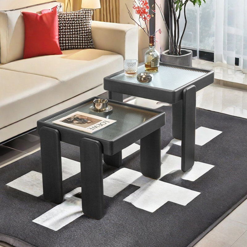 Table basse en bois massif avec verre, Noir / transparent, Noir, noir, noir, noir